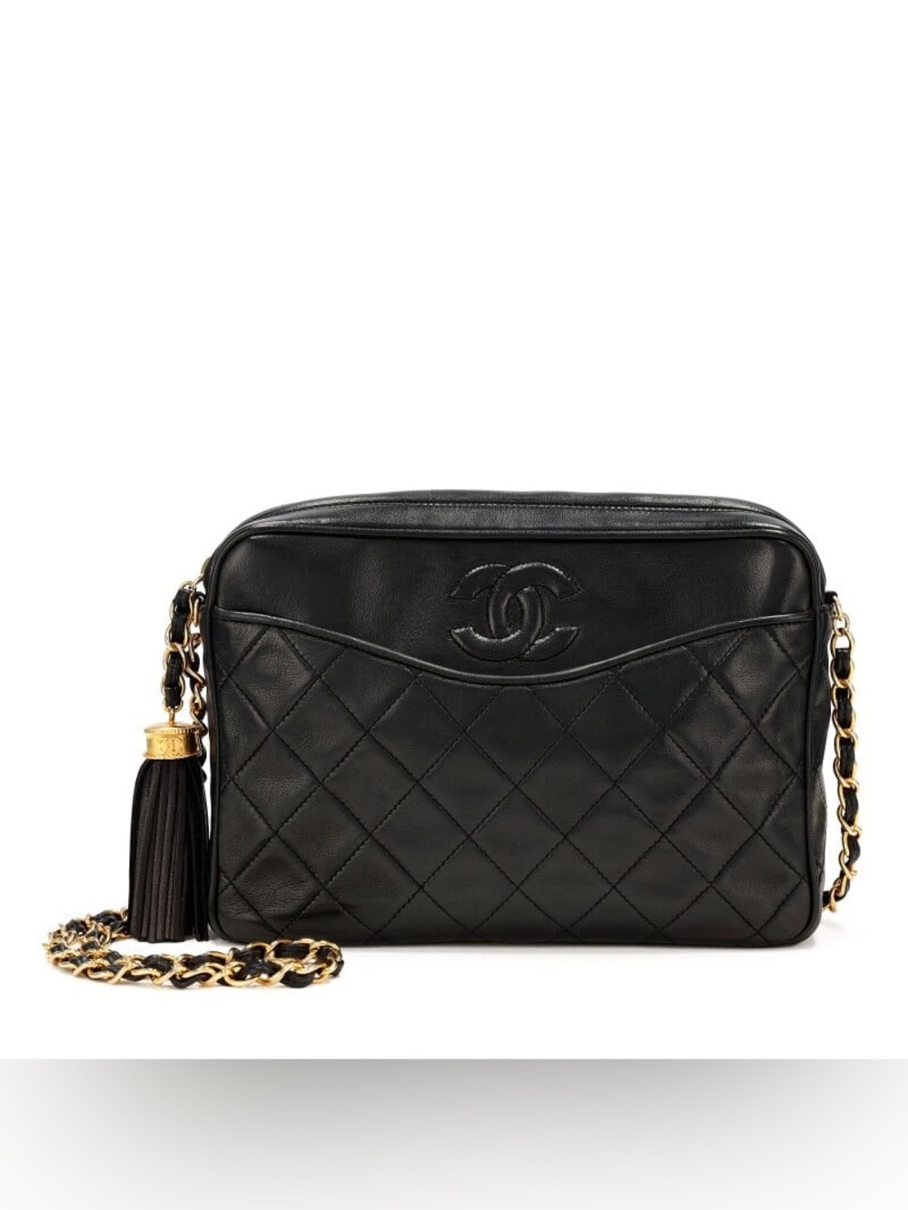 Authentic CHANEL vintage black lambskin tassel camera bag